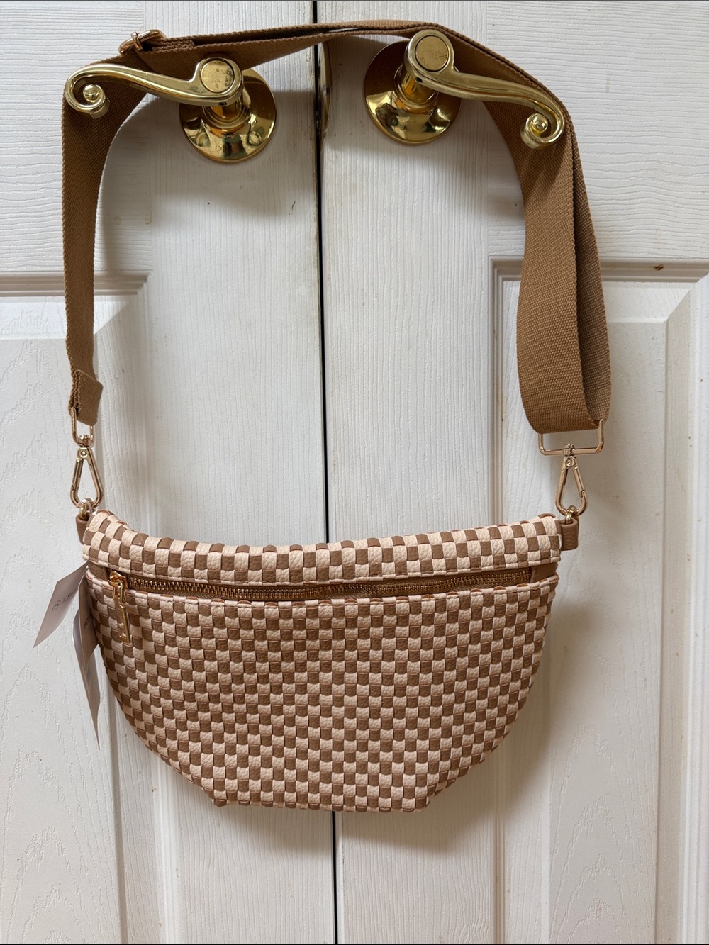 Checkered Woven Crossbody Burn Belt Bag in Beige-Tan